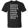 Image of Santa's Reindeer roll call list Christmas shirt.