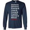Image of Santa's Reindeer roll call list Christmas shirt.