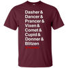 Image of Santa's Reindeer roll call list Christmas shirt.