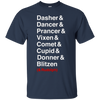 Image of Santa's Reindeer roll call list Christmas shirt.