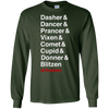 Image of Santa's Reindeer roll call list Christmas shirt.