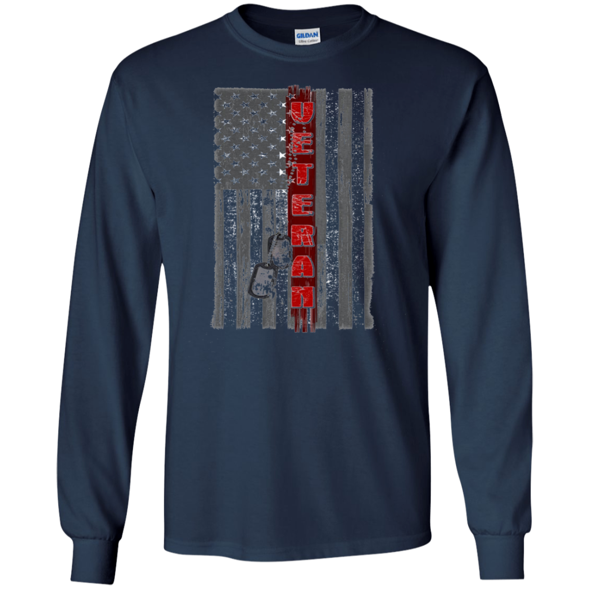 American Flag T-Shirt Red Line Veteran w Dog Tag Long Sleeve