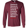 Image of Santa's Reindeer roll call list Christmas shirt.
