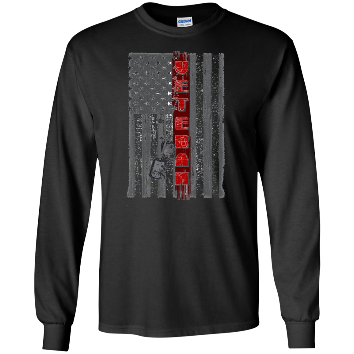 American Flag T-Shirt Red Line Veteran w Dog Tag Long Sleeve