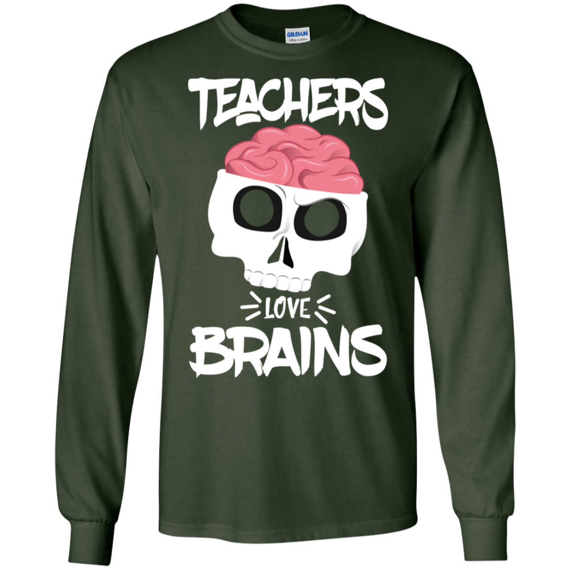 Funny Halloween Skull Teachers Love Brains Long Sleeve Shirt