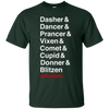 Image of Santa's Reindeer roll call list Christmas shirt.