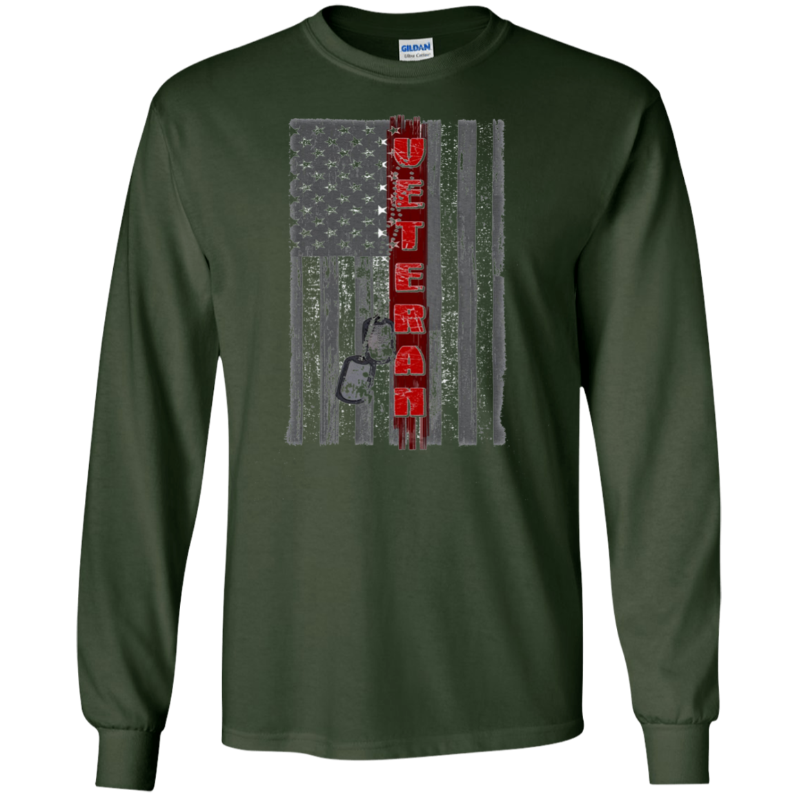 American Flag T-Shirt Red Line Veteran w Dog Tag Long Sleeve