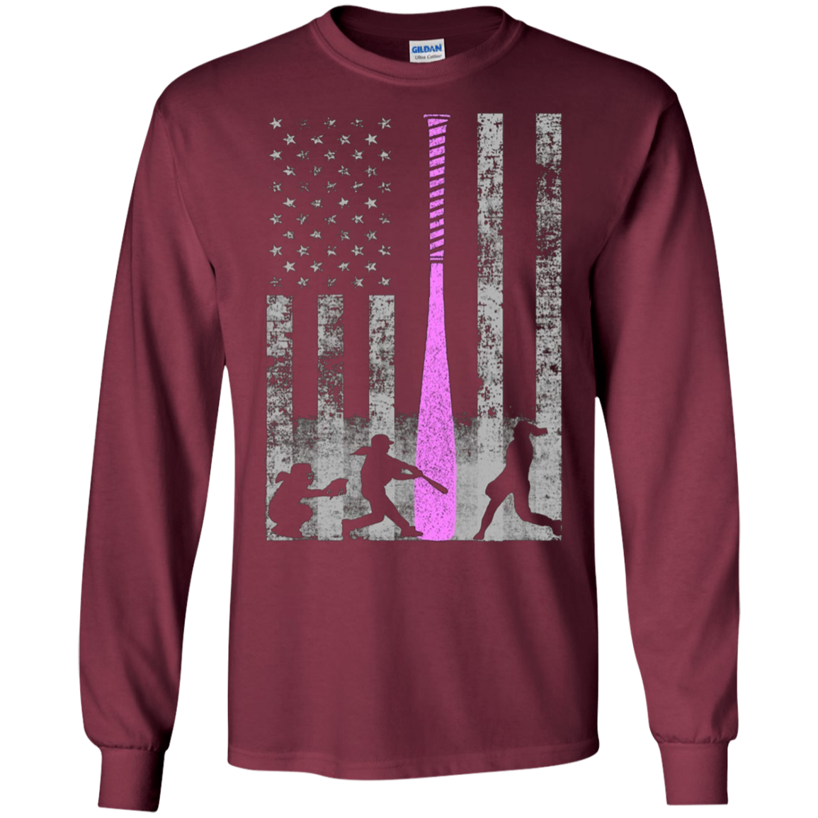 American Softball Flag T-Shirt - Players and Pink Bat