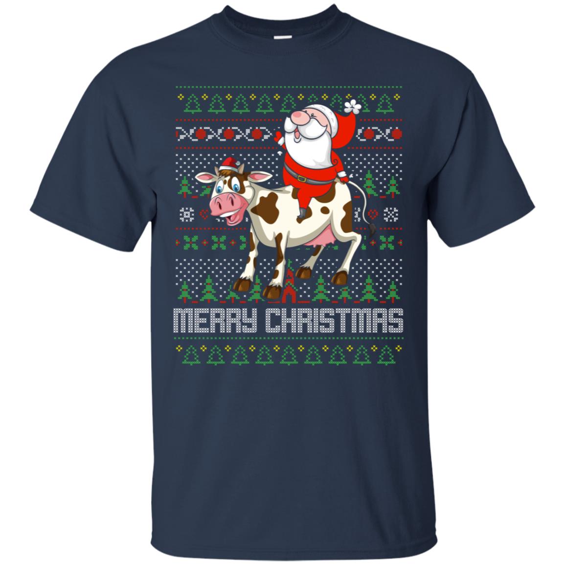 Santa Riding Cow Merry Xmas Farming Gift Tshirt