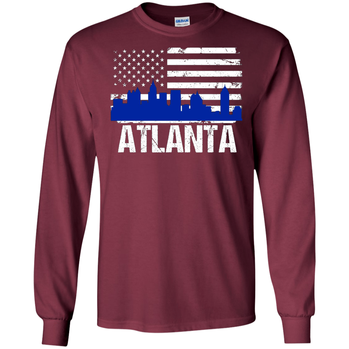 Atlanta Skyline Distressed American Flag Long Sleeve Shirt
