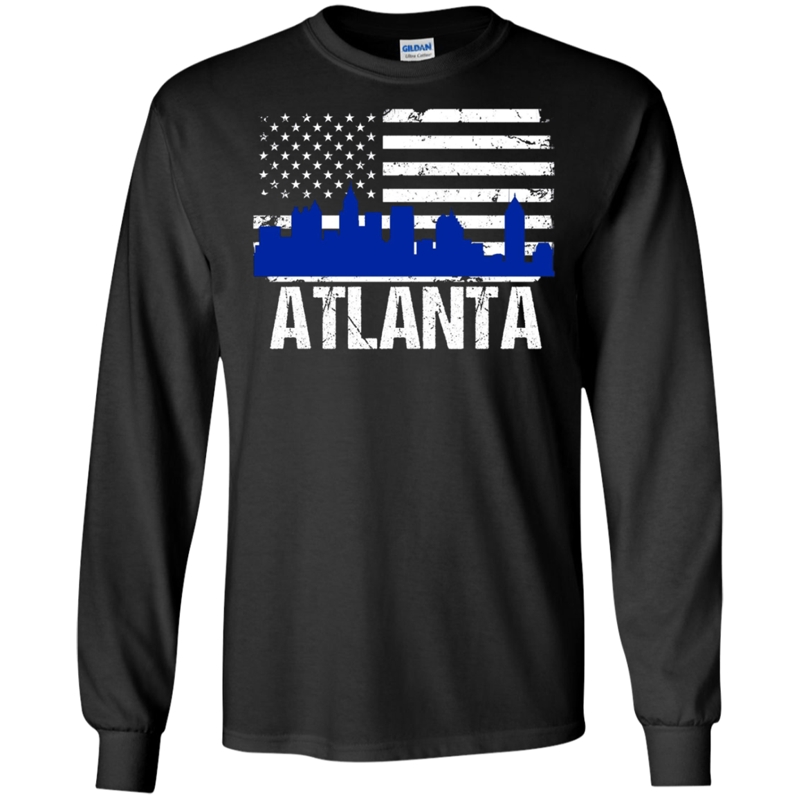 Atlanta Skyline Distressed American Flag Long Sleeve Shirt
