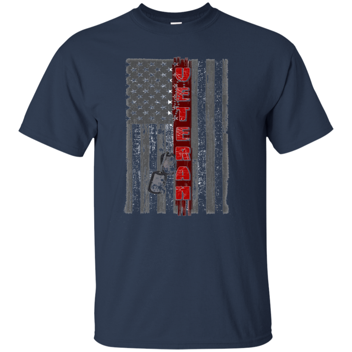 American Flag T-Shirt Red Line Veteran w Dog Tag Long Sleeve