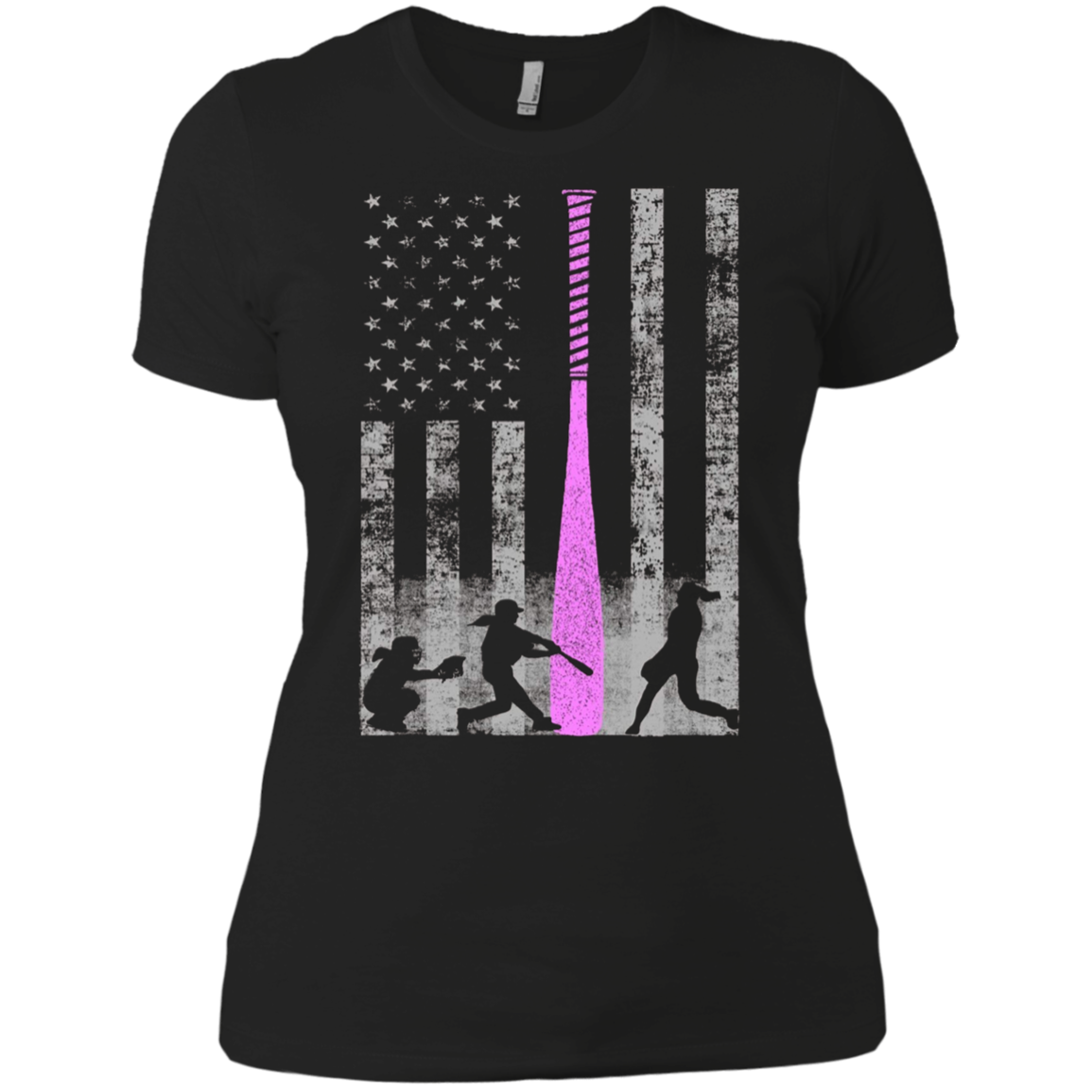 American Softball Flag T-Shirt - Players and Pink Bat