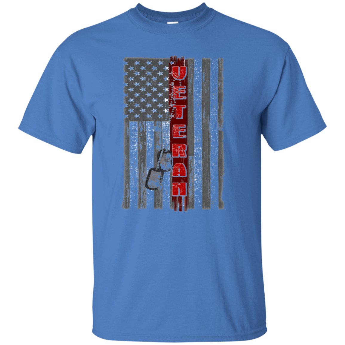 American Flag T-Shirt Red Line Veteran w Dog Tag Long Sleeve