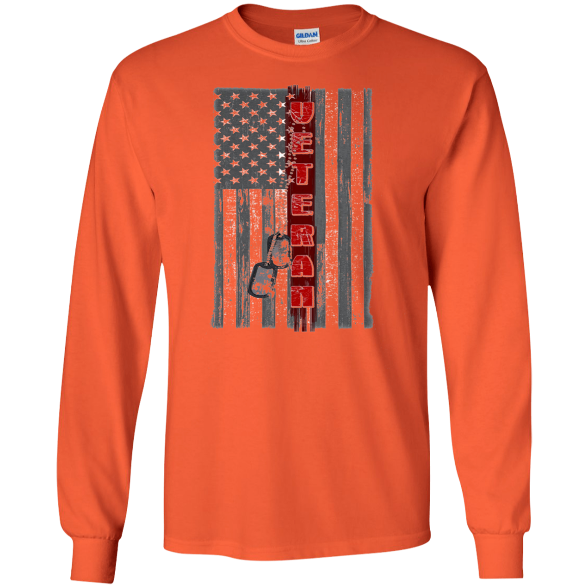 American Flag T-Shirt Red Line Veteran w Dog Tag Long Sleeve