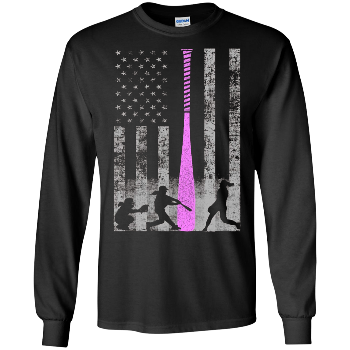 American Softball Flag T-Shirt - Players and Pink Bat