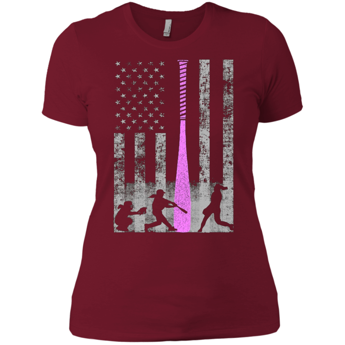 American Softball Flag T-Shirt - Players and Pink Bat