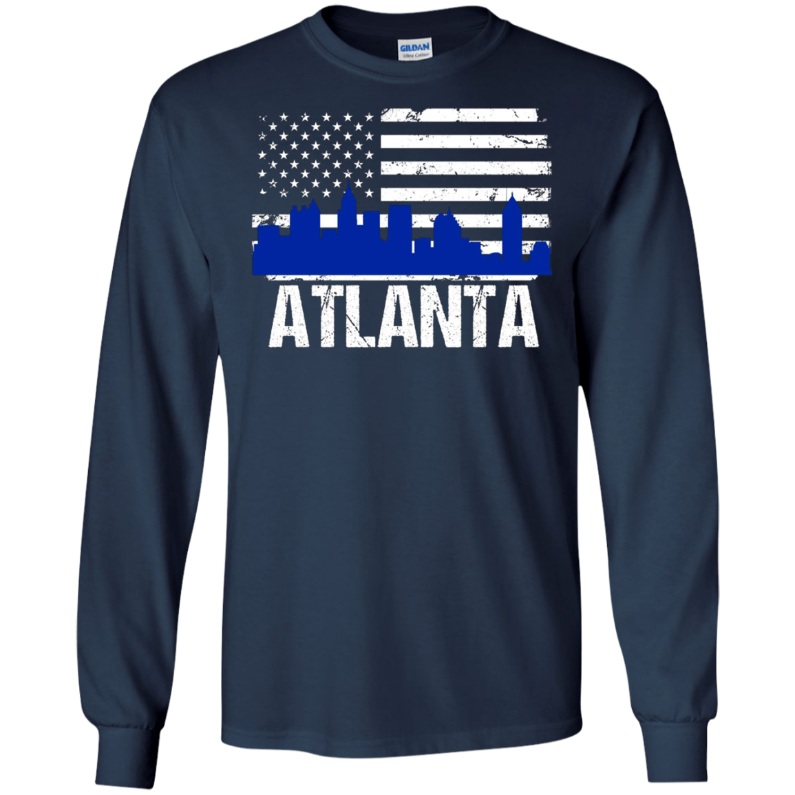Atlanta Skyline Distressed American Flag Long Sleeve Shirt