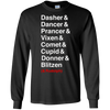 Image of Santa's Reindeer roll call list Christmas shirt.