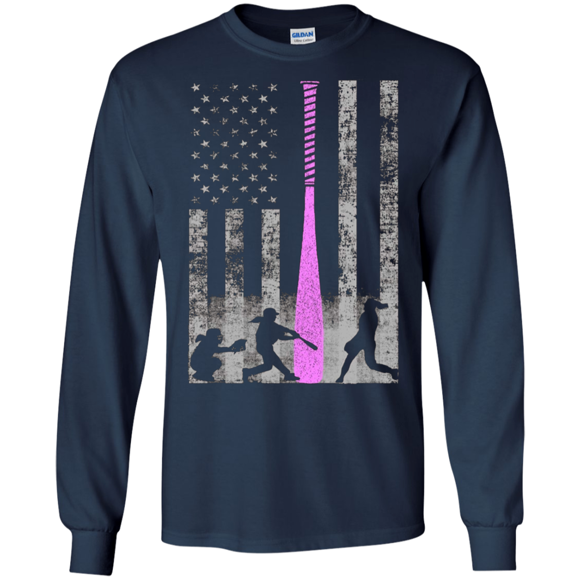 American Softball Flag T-Shirt - Players and Pink Bat